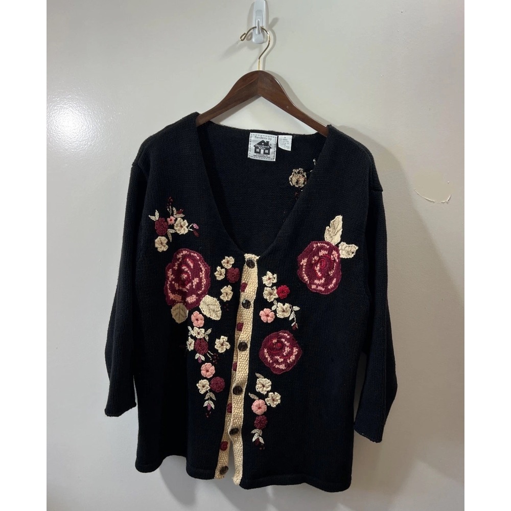 Vintage Storybook Knits Rose Garden Embroidered Cotton Cardigan 1X Cottagecore